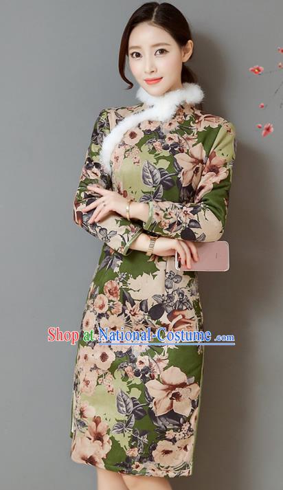 Traditional Chinese National Costume Hanfu Printing Green Qipao, China Tang Suit Cheongsam Dress for Women