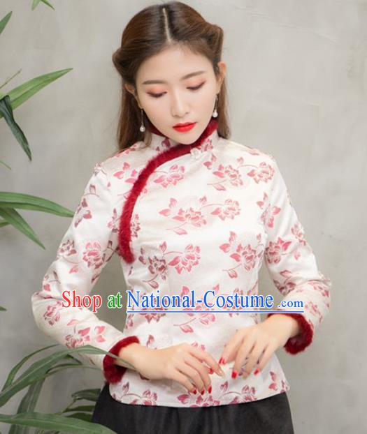 Traditional Chinese National Costume Hanfu Printing Pink Blouse, China Tang Suit Cheongsam Upper Outer Garment Shirt for Women