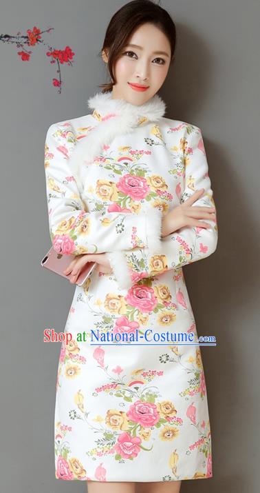 Traditional Chinese National Costume Hanfu Printing Rose Qipao Dress, China Tang Suit Cheongsam for Women