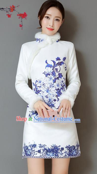 Traditional Chinese National Costume Hanfu Printing Lily Flower Qipao Dress, China Tang Suit Cheongsam for Women