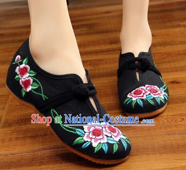 Traditional Chinese National Hanfu Embroidery Flowers Black Shoes, China Ancient Embroidered Shoes for Women