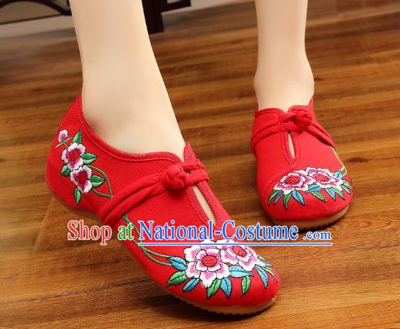 Traditional Chinese National Hanfu Embroidery Flowers Red Shoes, China Ancient Embroidered Shoes for Women