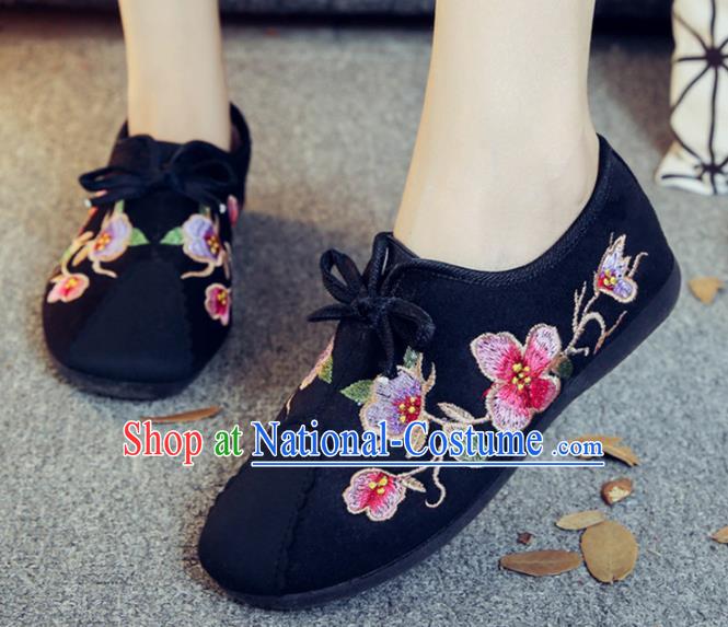 Traditional Chinese National Hanfu Embroidery Flowers Black Shoes, China Ancient Embroidered Shoes for Women