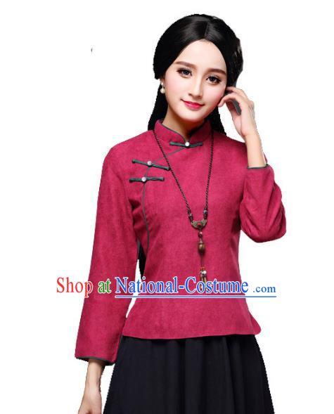 Traditional Chinese National Costume Slant Opening Hanfu Wine Red Blouse, China Tang Suit Cheongsam Upper Outer Garment Shirt for Women