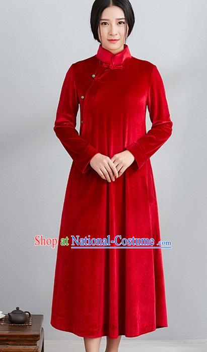 Traditional Chinese National Costume Hanfu Red Velvet Qipao, China Tang Suit Cheongsam Dress for Women