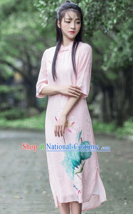 Traditional Chinese National Costume Hanfu Pink Linen Painting Lotus Qipao, China Tang Suit Cheongsam Dress for Women