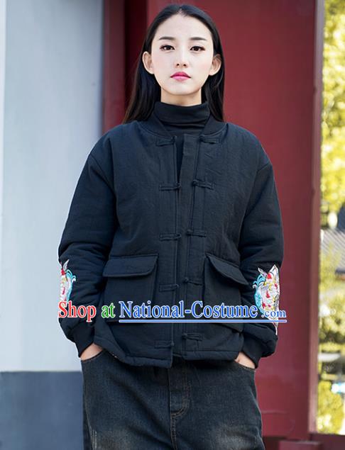 Traditional Chinese National Costume Hanfu Embroidered Black Cotton-padded Jacket, China Tang Suit Coat for Women