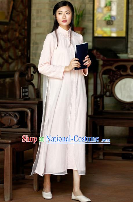 Traditional Chinese National Costume Hanfu Pink Linen Qipao, China Tang Suit Cheongsam Dress for Women