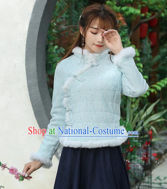 Traditional Chinese National Costume Hanfu Slant Opening Blue Cotton-padded Jacket, China Tang Suit Red Coat for Women