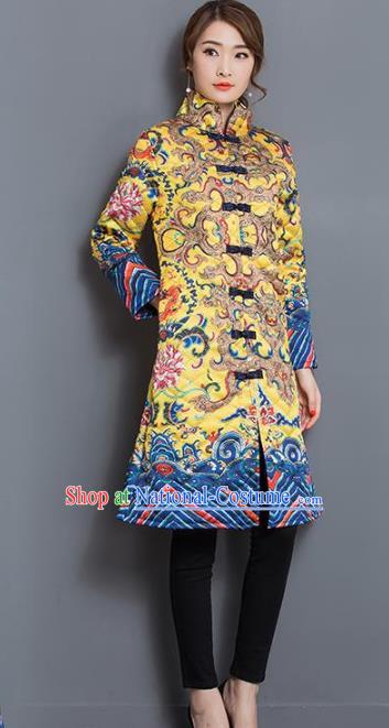 Traditional Chinese National Costume Hanfu Yellow Cotton-padded Coat, China Tang Suit Dust Coat for Women