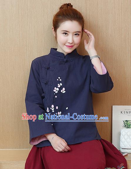 Traditional Chinese National Costume Hanfu Navy Qipao Blouse, China Tang Suit Cheongsam Shirts for Women