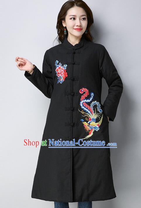 Traditional Chinese National Costume Hanfu Black Embroidered Cotton-padded Coat, China Tang Suit Dust Coat for Women