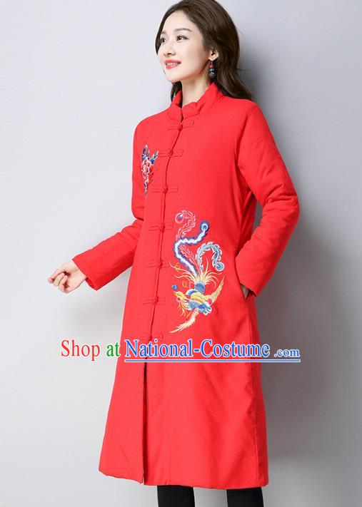 Traditional Chinese National Costume Hanfu Red Embroidered Cotton-padded Coat, China Tang Suit Dust Coat for Women