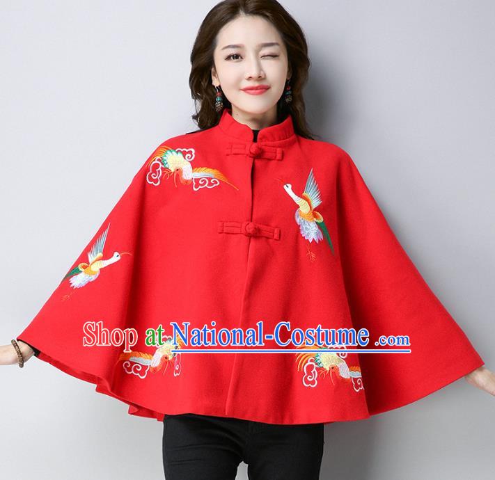 Traditional Chinese National Costume Hanfu Red Embroidered Red Cloak, China Tang Suit Cape for Women