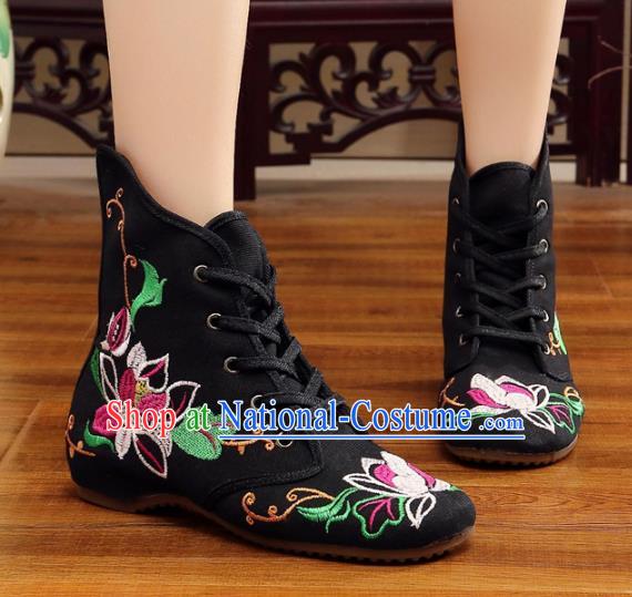 Traditional Chinese National Hanfu Embroidery Flowers Black Shoes, China Ancient Embroidered Shoes for Women