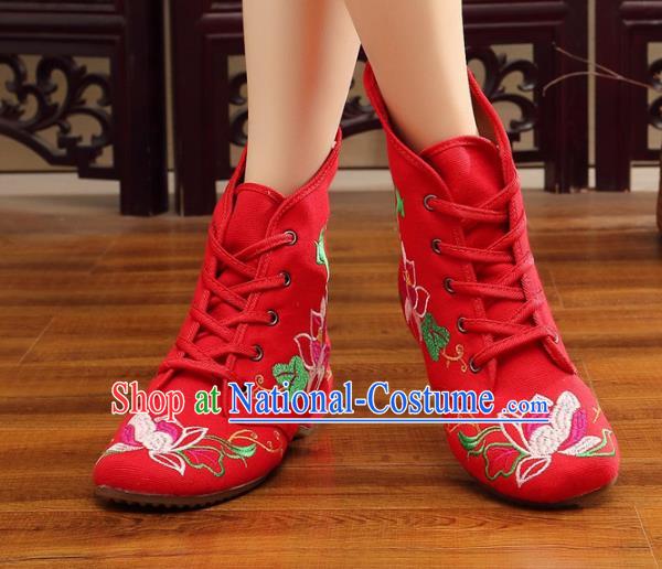 Traditional Chinese National Hanfu Embroidery Flowers Red Shoes, China Ancient Embroidered Shoes for Women