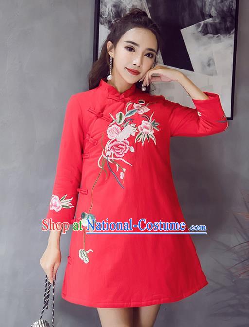 Traditional Chinese National Costume Hanfu Red Embroidered Qipao Dress, China Tang Suit Cheongsam for Women