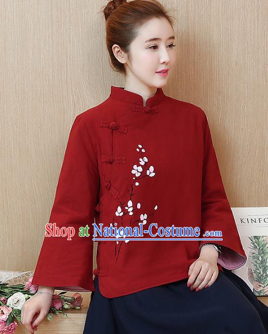 Traditional Chinese National Costume Hanfu Red Qipao Blouse, China Tang Suit Cheongsam Shirts for Women