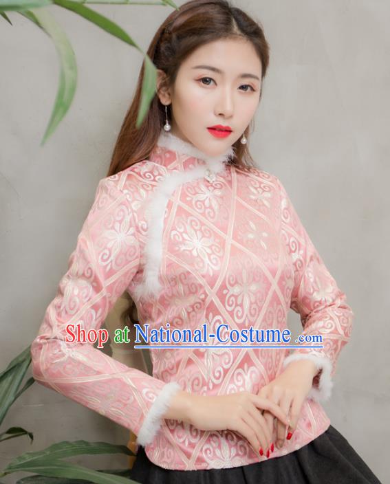 Traditional Chinese National Costume Hanfu Pink Qipao Blouse, China Tang Suit Cheongsam Shirts for Women