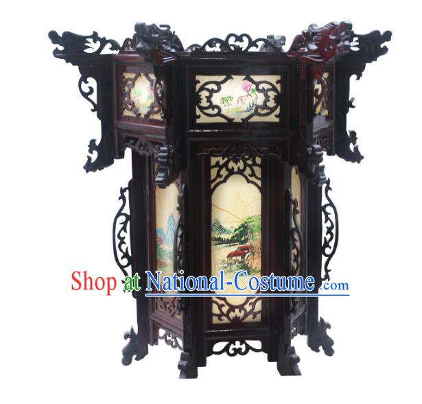 Traditional Chinese Handmade Printing Grass Hexagon Lantern Classical Palace Lantern China Wood Carving Ceiling Palace Lamp