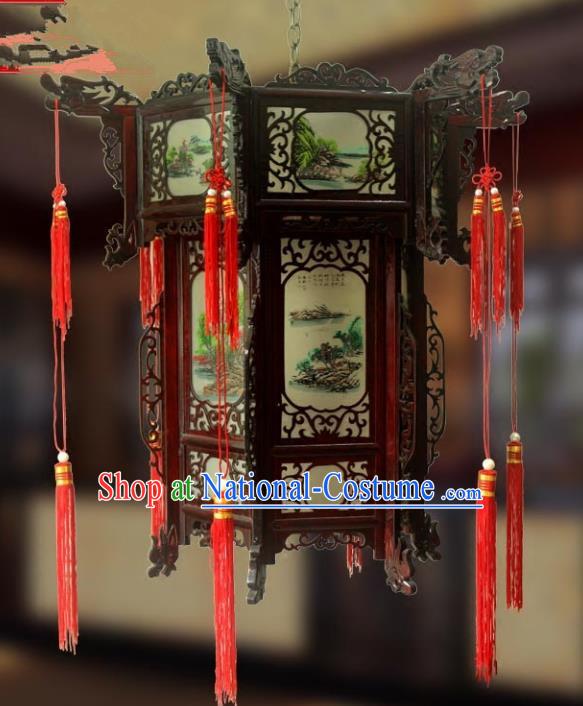 Traditional Chinese Handmade Landscape Painting Lantern Classical Wood Palace Lantern China Ceiling Palace Lamp