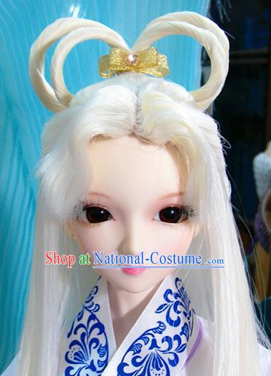 Traditional Handmade Chinese Ancient Ming Dynasty Young Lady White Wig Sheath Fairy Princess Wig for Women