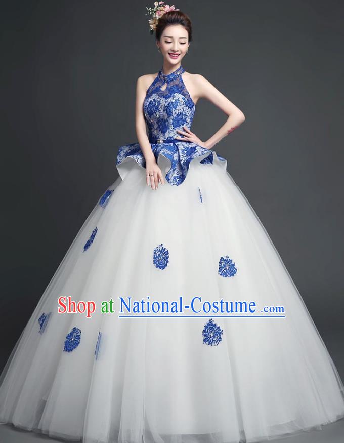 Chinese Style Wedding Catwalks Costume Wedding Bride Full Dress Bubble Veil Dress for Women