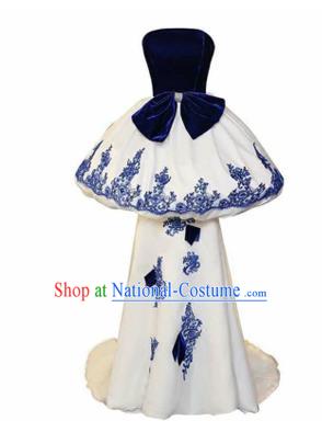 Chinese Style Wedding Catwalks Costume Wedding Bride Embroidered Trailing Full Dress Strapless Cheongsam for Women