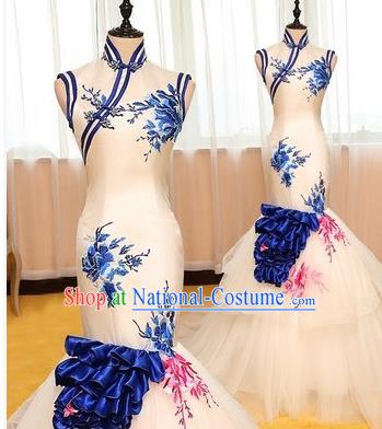 Chinese Style Wedding Catwalks Costume Wedding Bride Printing Peony Trailing Full Dress Fishtail Cheongsam for Women