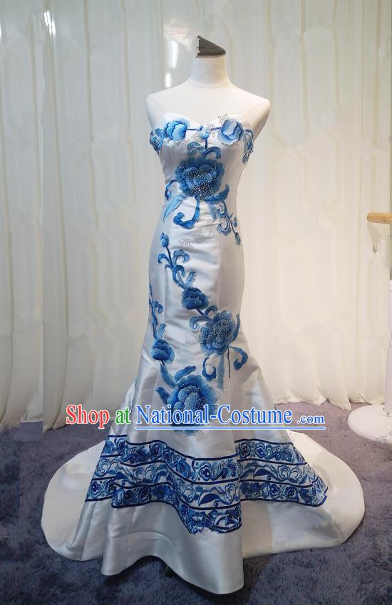 Chinese Style Wedding Catwalks Costume Wedding Bride Embroidery Peony Trailing Full Dress Fishtail Cheongsam for Women