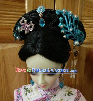 Traditional Handmade Chinese Qing Dynasty Princess Wig Sheath Ancient Manchu Princess Wiggery for Women