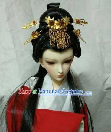 Traditional Handmade Chinese Tang Dynasty Princess Wig Sheath and Hair Accessories Headwear for Women