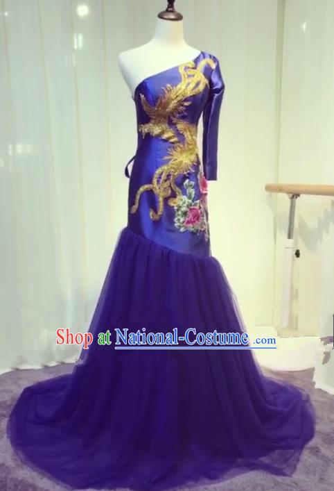 Chinese Style Wedding Catwalks Costume Wedding Bride Embroidery Trailing Full Dress Compere One-shoulder Cheongsam for Women