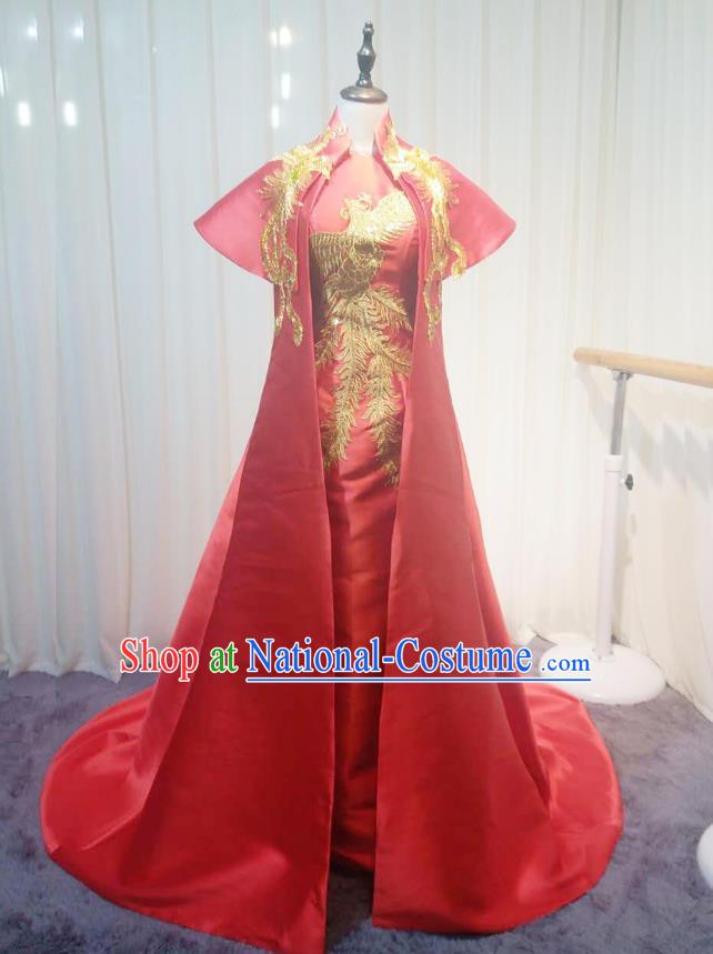 Chinese Style Wedding Catwalks Costume Wedding Red Fishtail Full Dress Compere Bride Embroidered Phoenix Cheongsam for Women