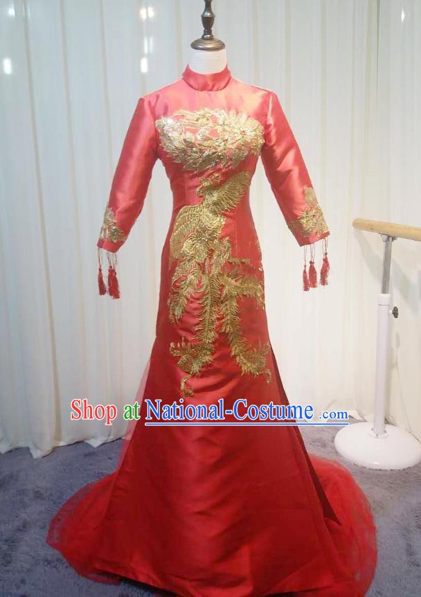 Chinese Style Wedding Catwalks Costume Wedding Red Fishtail Full Dress Compere Embroidered Phoenix Cheongsam for Women