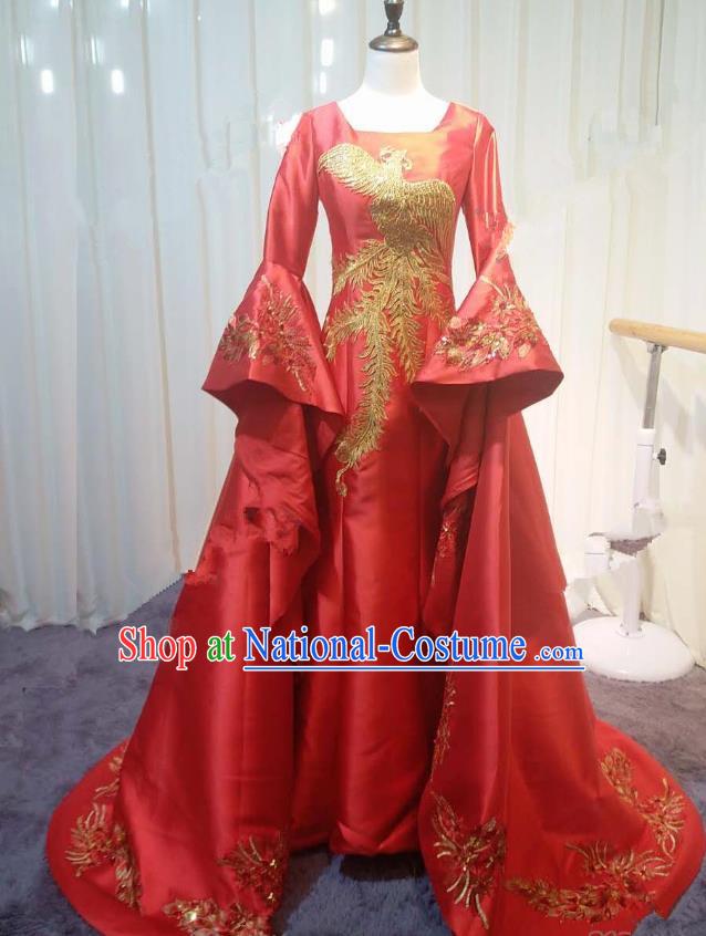 Chinese Style Wedding Catwalks Costume Wedding Red Fishtail Full Dress Compere Embroidered Phoenix Trailing Cheongsam for Women