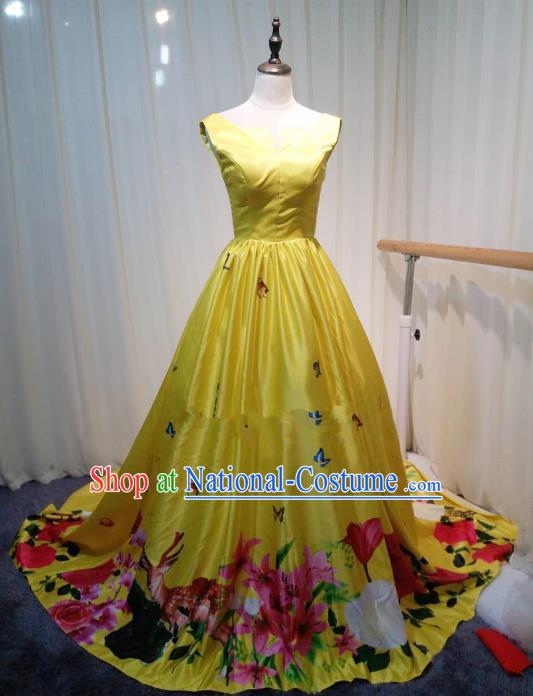 Chinese Style Wedding Catwalks Costume Wedding Trailing Yellow Full Dress Compere Cheongsam for Women