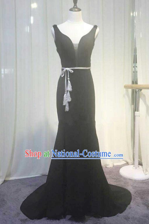 Chinese Style Wedding Catwalks Costume Wedding Black Full Dress Compere Cheongsam for Women