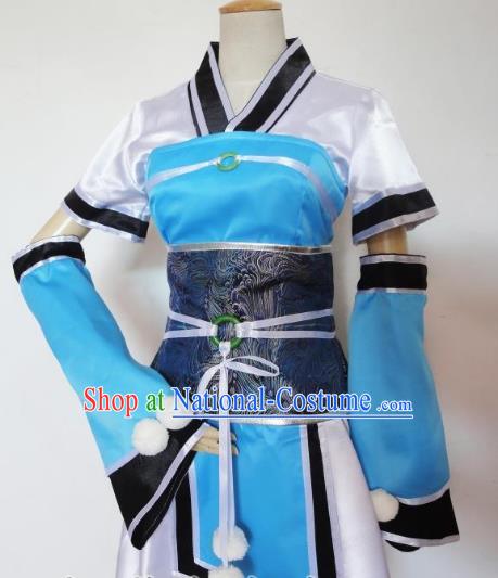 Traditional Chinese Ancient Cosplay Swordsman Clothing Han Dynasty Young Lady Blue Costume for Women