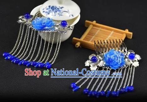 Traditional Handmade Chinese Hair Accessories Hairpins Blue Beads Tassel Hair Stick Headwear for Women