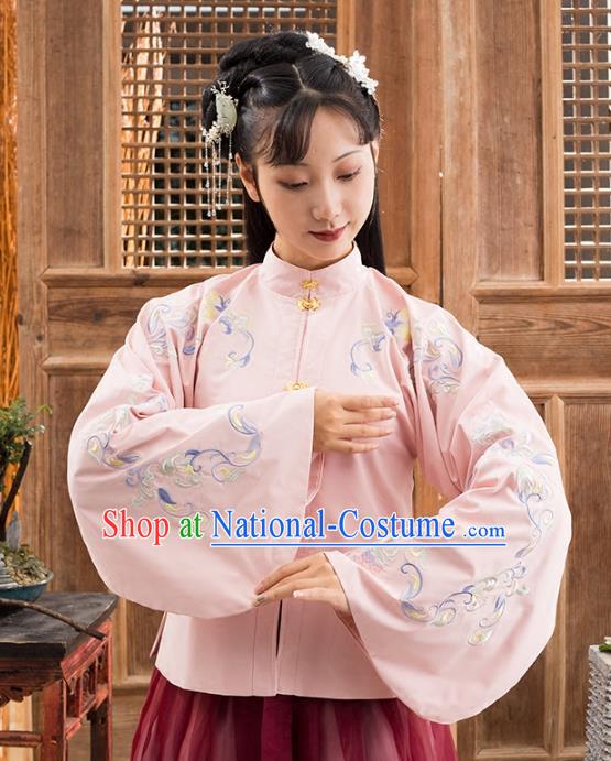 Traditional Chinese Ming Dynasty Nobility Lady Costume Ancient Princess Embroidered Pink Blouse for Women