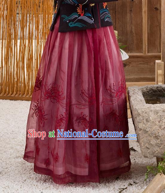 Traditional Chinese Ming Dynasty Young Lady Costume Ancient Embroidered Equinox Flower Skirts for Women