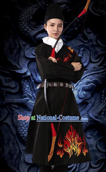 Traditional Chinese Tang Dynasty Swordsman Black Costume Ancient Imperial Bodyguard Embroidered Clothing for Women