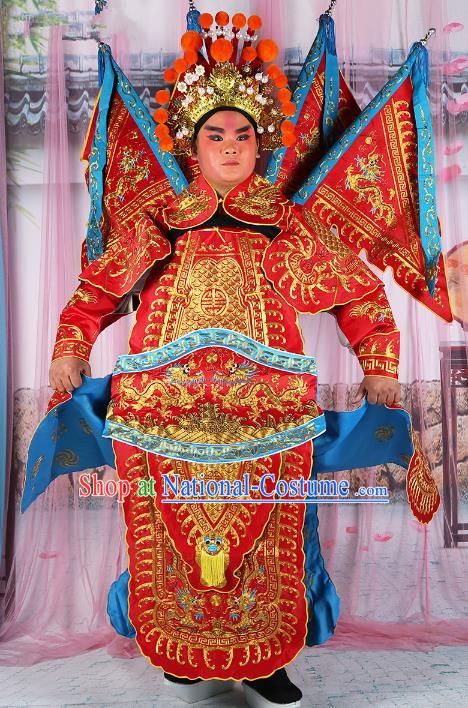 Chinese Beijing Opera General Red Embroidered Costume, China Peking Opera Military Officer Embroidery Gwanbok Clothing