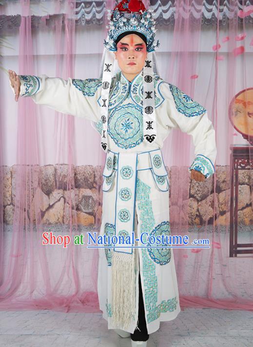 Chinese Beijing Opera Takefu Costume White Embroidered Robe, China Peking Opera Imperial Bodyguard Embroidery Gwanbok Clothing