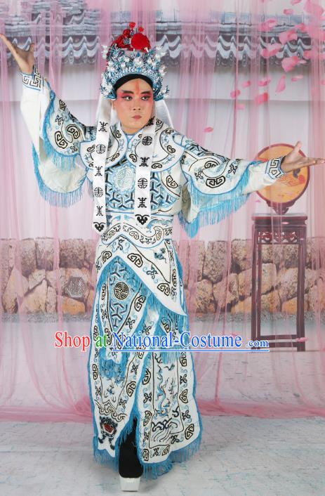 Chinese Beijing Opera Takefu Costume White Embroidered Robe, China Peking Opera Warrior Embroidery Gwanbok Clothing