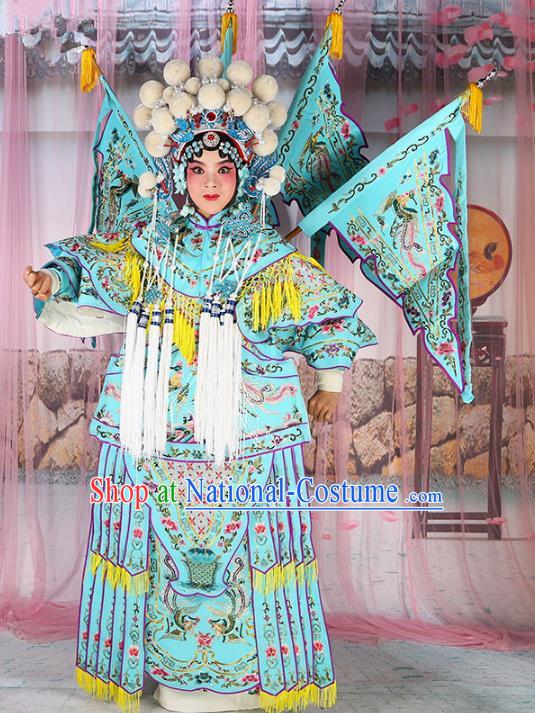 Chinese Beijing Opera Female General Costume Embroidered Blue Armour, China Peking Opera Blues Embroidery Gwanbok Clothing