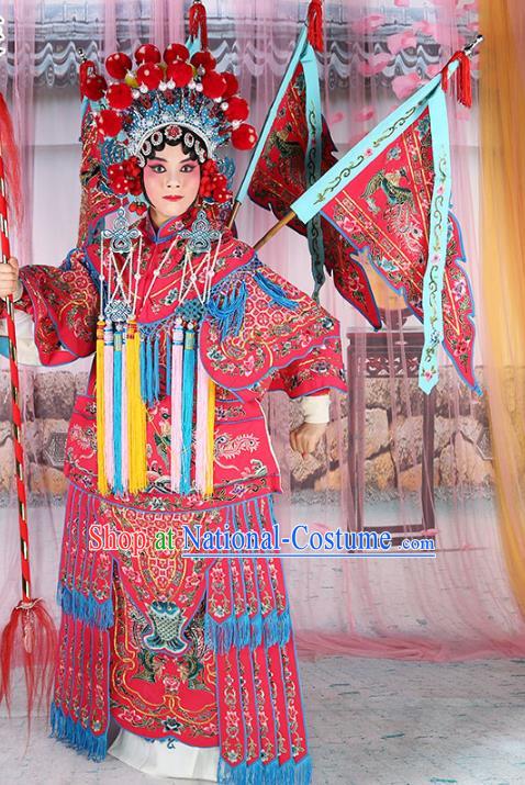 Chinese Beijing Opera Female General Costume Embroidered Rosy Armour, China Peking Opera Blues Embroidery Gwanbok Clothing