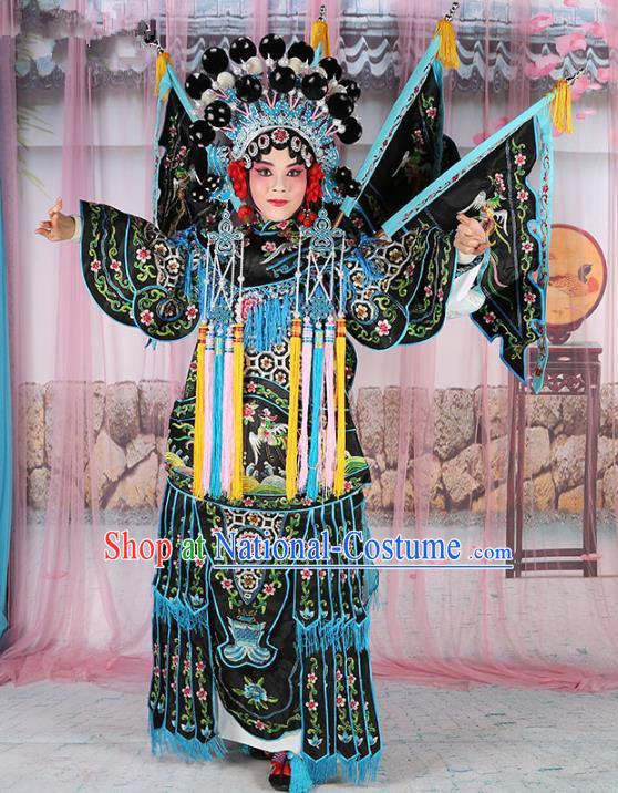 Chinese Beijing Opera Female General Costume Embroidered Black Robe, China Peking Opera Blues Embroidery Gwanbok Clothing