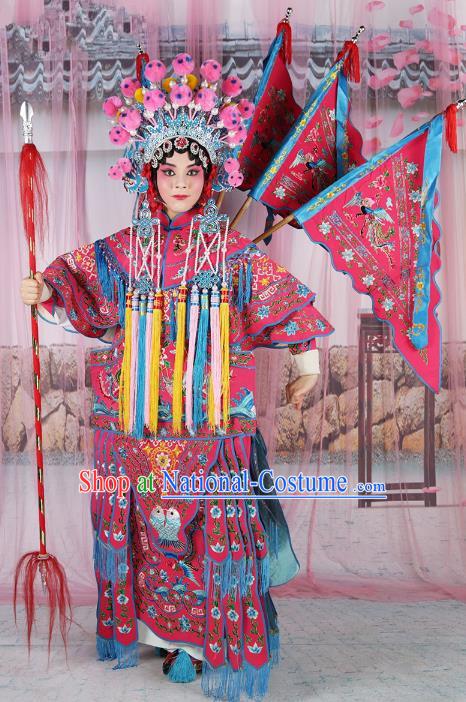 Chinese Beijing Opera Female General Costume Rosy Embroidered Robe, China Peking Opera Blues Embroidery Gwanbok Clothing